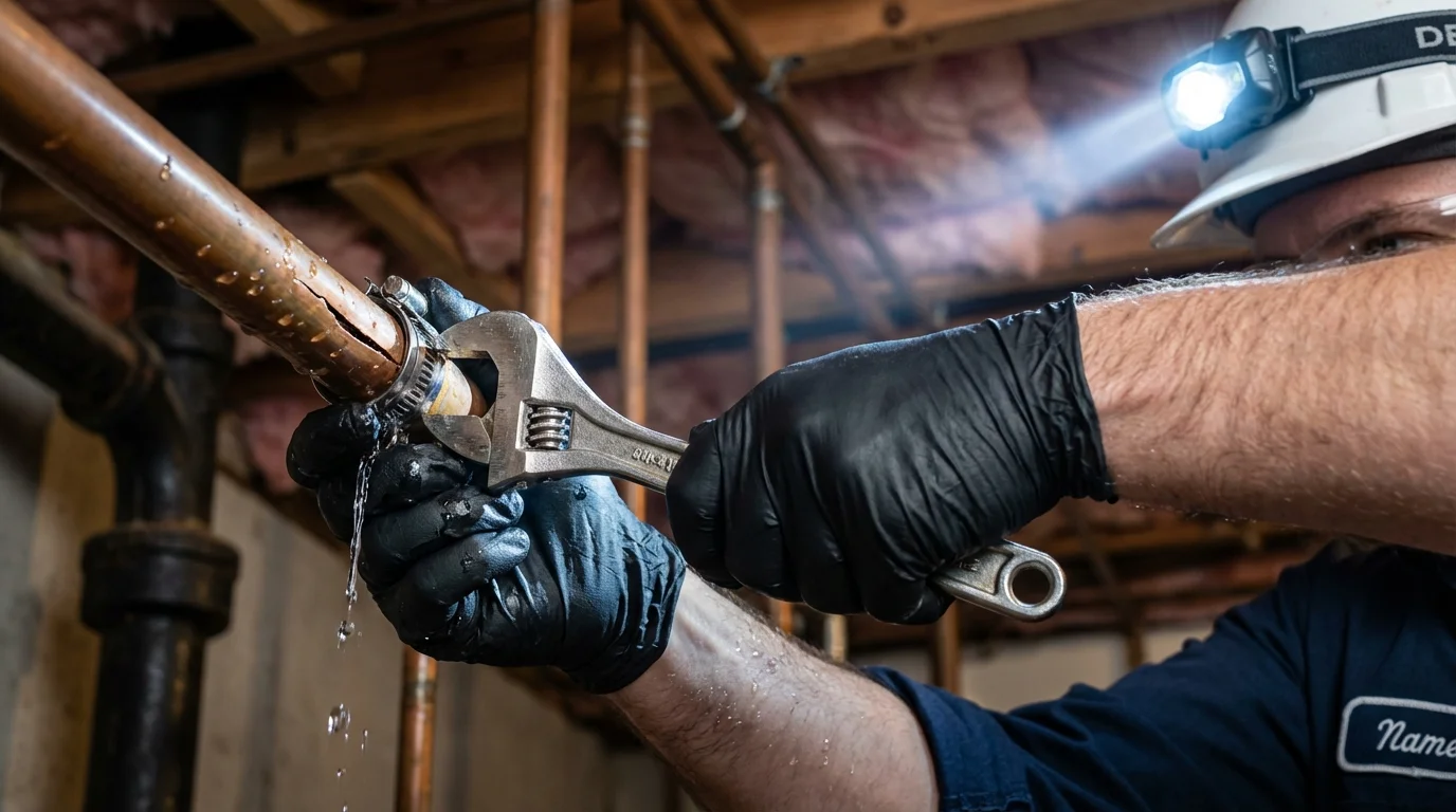 Emergency pipe clamp repair being performed by a Johns Plumbing LLC plumber in Somerdale