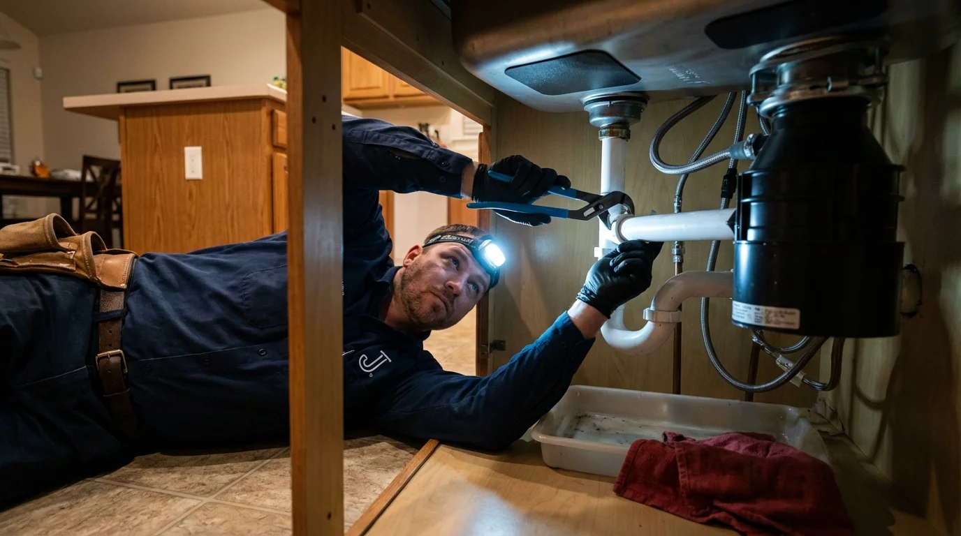 P-trap and supply line connections under a kitchen sink showing a common leak point in Somerdale, NJ